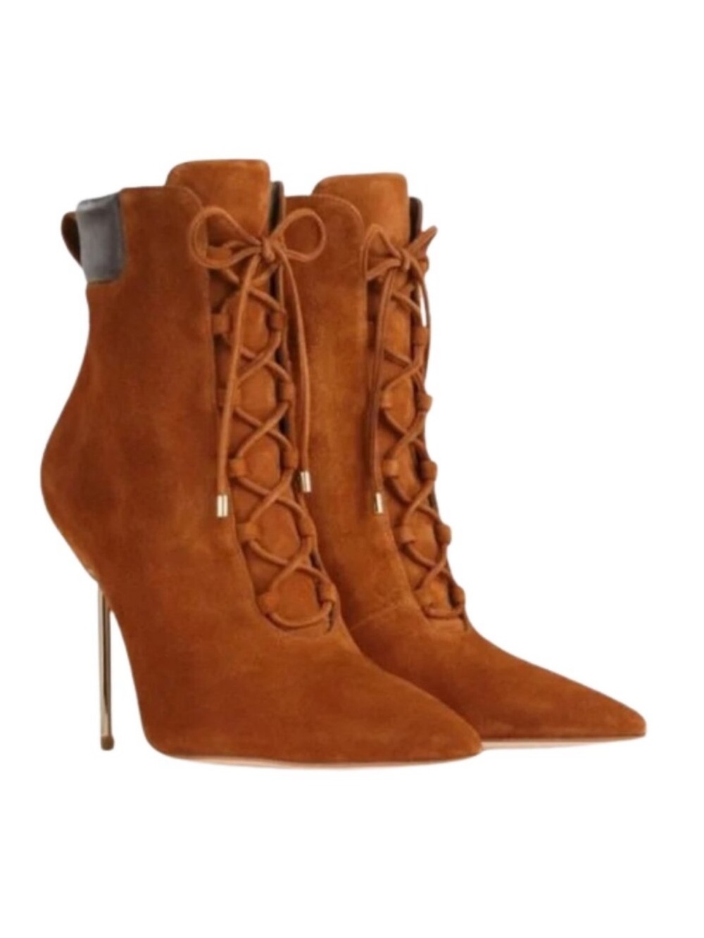 Good American Scandal Brown Suede Lace Up Gold Heel Point Toe Booties